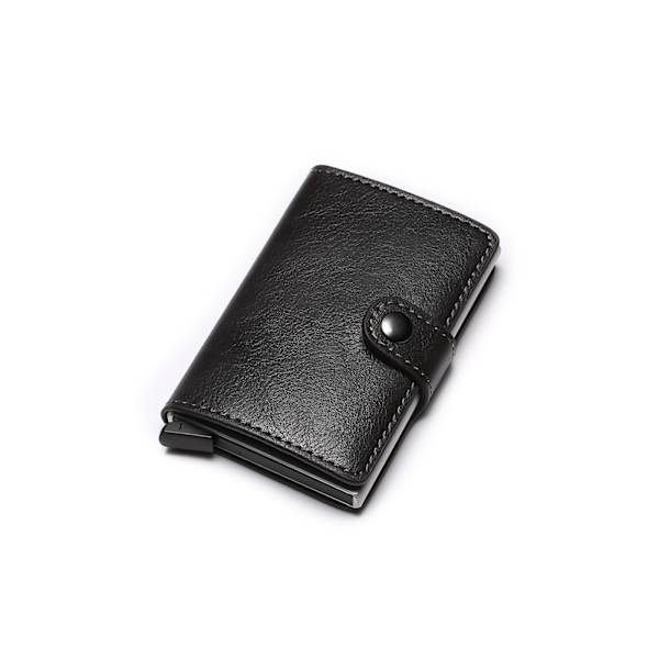 Kreditkortshållare RFID-blockerande läder automatisk popup-plånbok aluminium smal ficka bifold visitkortsfodral med knapp black