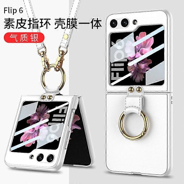 Yhteensopiva Samsung Galaxy Z Flip 6 -kotelo näytönsuojalla ja olkahihnall, erittäin ohut PC+PU-nahkainen kotelo renkaalla Silver For Galaxy Z Flip 6