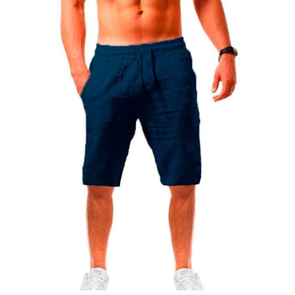 Løse Linned Bomuld Åndbare Shorts Herre Sports Casual Shorts Dark Blue XXXL