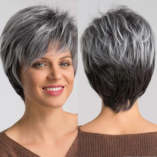 Kort silverfärgad Pixie-peruk för kvinnor, värmebeständig lockig Bob-stil med justerbar ventilerande mössa
