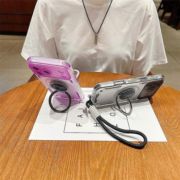 Kompatibel med iPhone 17 Pro Max fodral ringstöd PC + TPU stötsäkert telefonbakstycke med handrem Pink