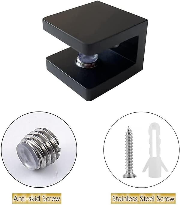 (4, Mat Sort) Glasklemme, Borfri Glasholder Glashyldebeslag Glasklips Støtte til 8mm - 10mm Glas