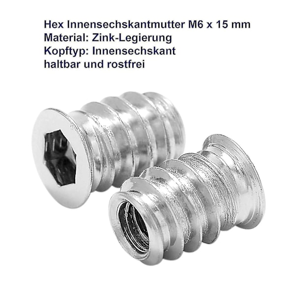 100 stk. Trægevindindsats Hex Møtrik M6 X 15mm Zinklegering Skrueindsats Gevindfatningshoved Skrue M6 Træindsats Til Møbler Stole Træsenge