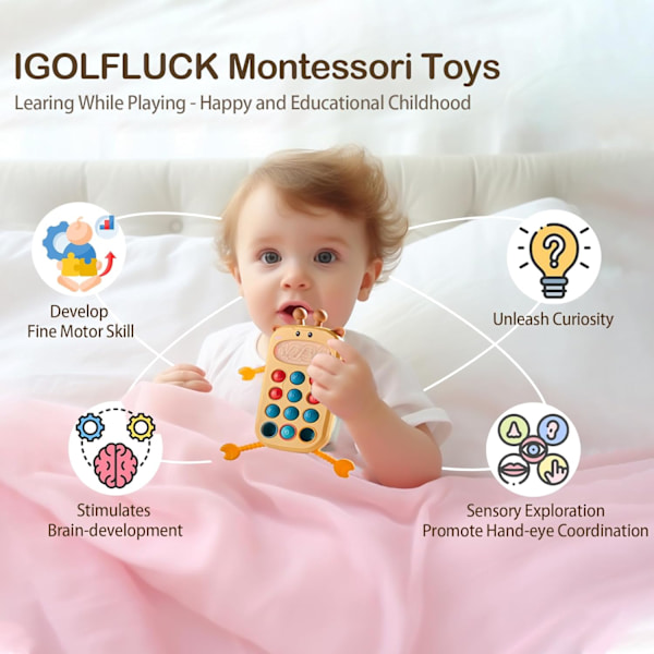 Baby Sensorisk Montessori Legetøj til 6-12-18 Måneders Babyer, Fødevaregodkendt Silikone Trækstreng Bidering, Sensorisk Aktivitetslegetøj Deer-Yellow