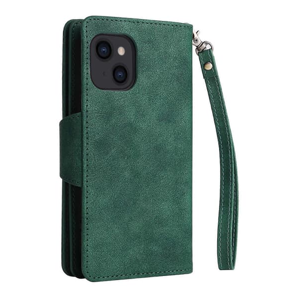 Nitsöljspänne 9 Kort Trefaldigt Läder Telefonfodral För iPhone 14 Green
