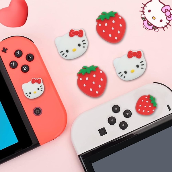 Switch tumgreppskåpor, söta kattunge joystick-kåpor för Nintendo Switch/Lite/Switch OLED, 4 st tumgreppsskydd, jordgubbe