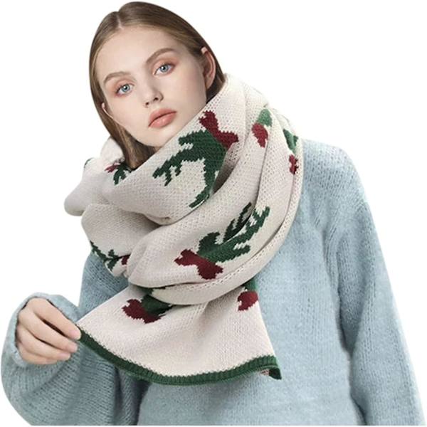 Juleelg-skjerf for kvinner, søtt julehjorte-skjerf, tykt og varmt strikket skjerf i ull BEIGE