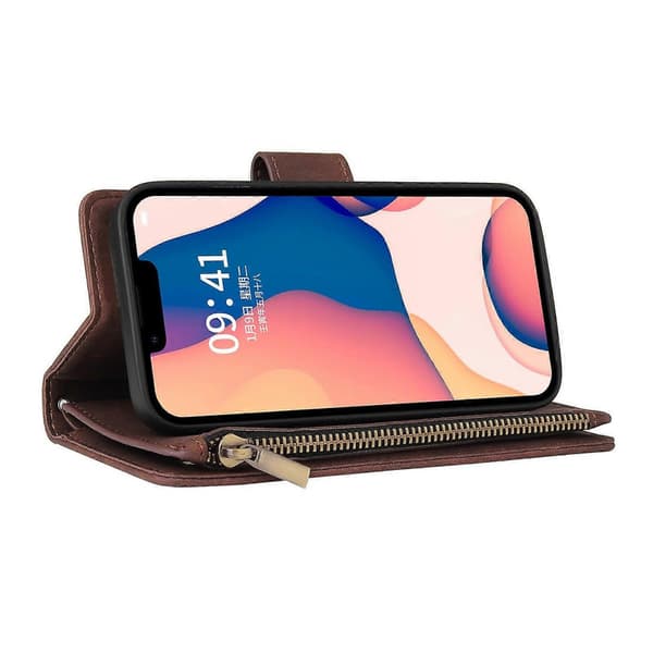 Multifunktionellt läderfodral för iPhone 14 Plus med kortfack Coffee