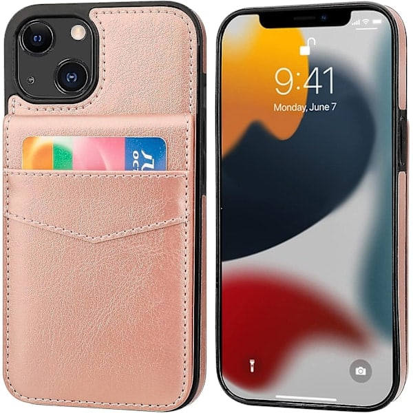 Plånboksfodral med Kortfack, Premium Läder Magnetlås Ställ Robust Skydd för iPhone 26 (Roséguld)（PA） Rose gold iPhone14Plus