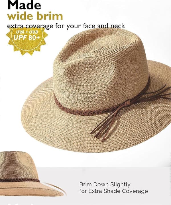 Solhattar för kvinnor Sommar Bred brätte UV UPF 80+ Panama Fedora Vikbar Packbar Stråstrandhatt Khaki Medium-Large