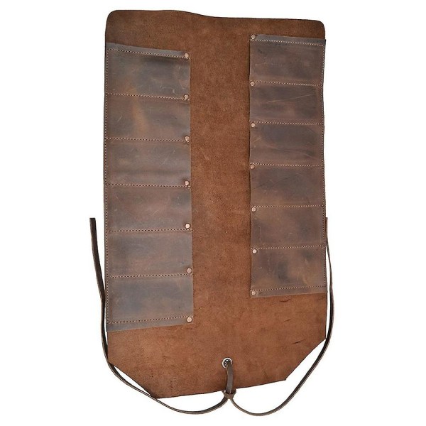 Stora verktygsväska i läder (12 platser), bärbar bärväska, verkstadsförvaring, träbearbetningsverktyg Brown