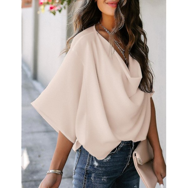 Naisten ruched Topit V-pääntie lyhyt Batwing Sleeve Löysä puhdas väri Naisten casual pusero juhliin toimistomatkoille Apricot XL