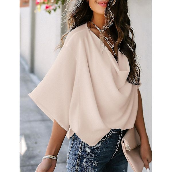 Ruched Toppar Dam V-hals Kort Batwing-ärm Lös Ren Färg Dam Casual Blus För Fest Kontor Resor Apricot L