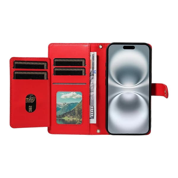 For iPhone 16 Lommeboketui med stropper, Rombe Lær Stativ Telefondeksel Red Red