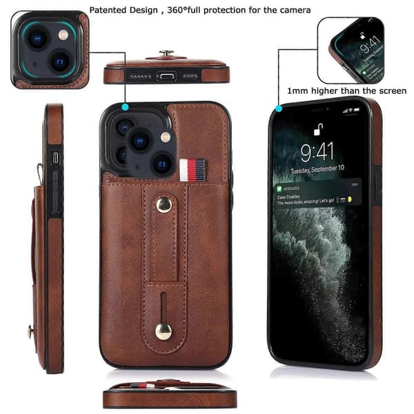 Håndledsrem Støtteben Tegnebog Læder Telefoncover Til iPhone 14 Brown