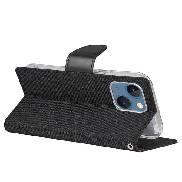 För iPhone 14 Plus GOOSPERY CANVAS DIARY Canvas Textur Flip Läder Telefonfodral Black