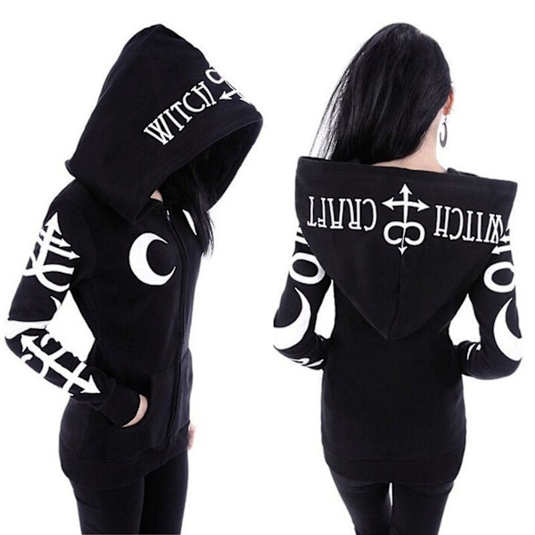 Halloween Damkläder Gotisk Huvtröja Häxa Punk Hoodie Sweatshirt Dragkedja Jacka Topp Black 2XL