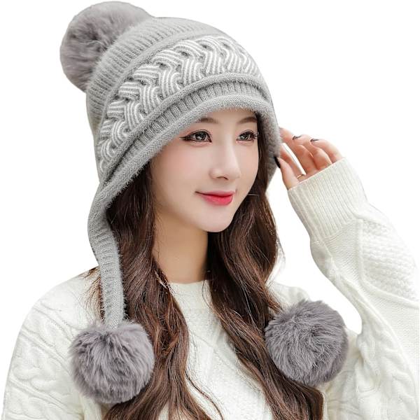 Dam vinter Peruvian öronbeklädnad Beanie Hat Öronklaffar Sherpa Skidmössa Stickad Fleecefodrad 3 Pom Grey One Size