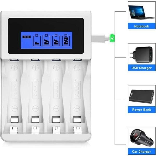 Hvid batterioplader, AA/AAA-oplader med stort LCD-display, 4 C
