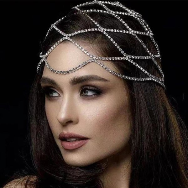 Rhinestone Mesh Headpiece Bryllup Head Chain smykker for kvinner Crystal Head Cap Gold