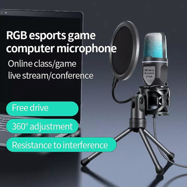 USB Mikrofon Rgb Mikrofon Kondensator Wire Gaming Mic För Podcast Inspelningsstudio Streaming Laptop Stationär PC Black