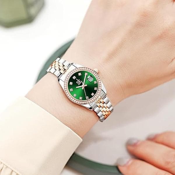 Dameklokke med krystallaksenter og armbånd i solid legert stål