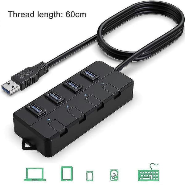 USB 3.0 Hub, 4-ports USB Hub Splitter med forlænget 0,6m / 1,2m kabel, Data Hub W