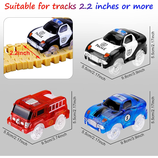 Sporbiler, 3-pakning (racerbil, politibil, brannbil) med 5 LED-blinkende lys magiske leker, tilbehør kompatibelt med de fleste baner