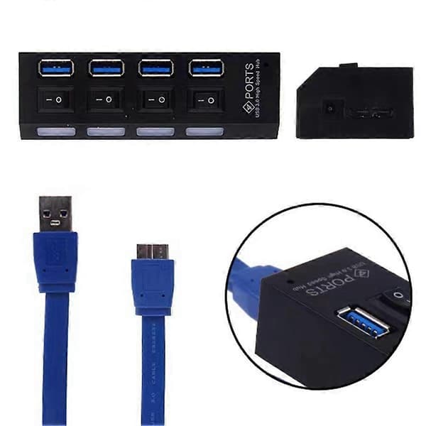 USB 3.0 strømadapter 4 porter Multi USB-splitterhub 3.0USB-hub 50 cm kabelhub dokkingstasjon EU-plugg Svart