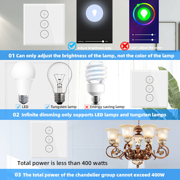 Dimmer, Prosentfunksjon WiFi Lysdimmer med Timerfunksjon, WLAN Stemmestyring Innfelt Lys