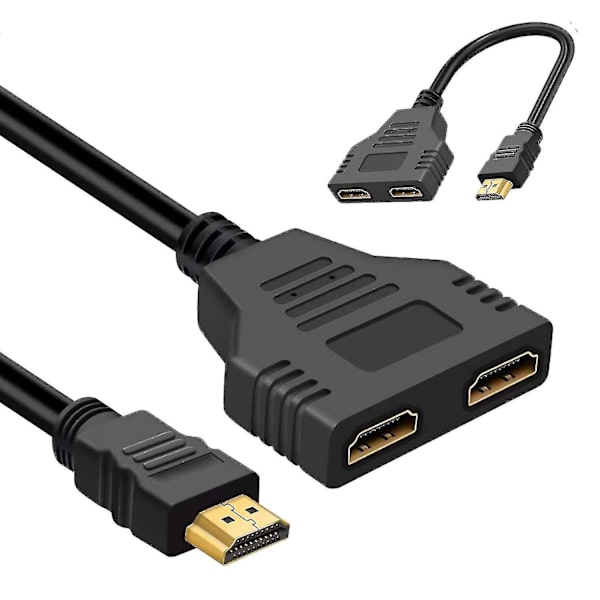 Splitter för dubbla bildskärmar, svart HDMI dubbeladapter, HDMI splitter 1 in 2 ut, perfekt för HDMI HD, led, lcd, tv, stöder två tv-apparater samtidigt, S