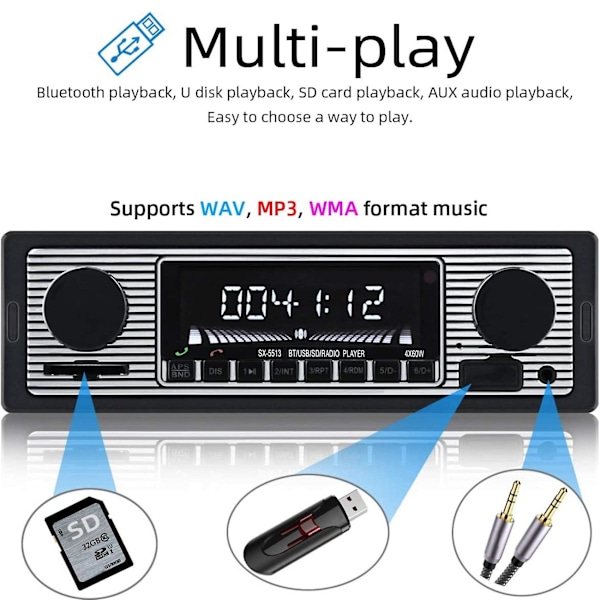 1 DIN Retro Autostereo Audio Automotive Bluetooth USB USB/SD/AUX-kortti FM MP3-soitin PC-tyyppi:-5513 Photo color