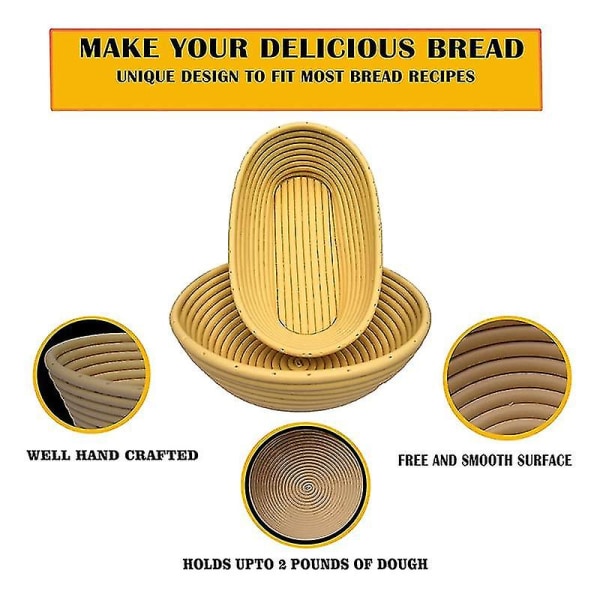 Brødkurvsæt med 2 sæt med rund og oval brødbageskål -brød halt- dejskraber