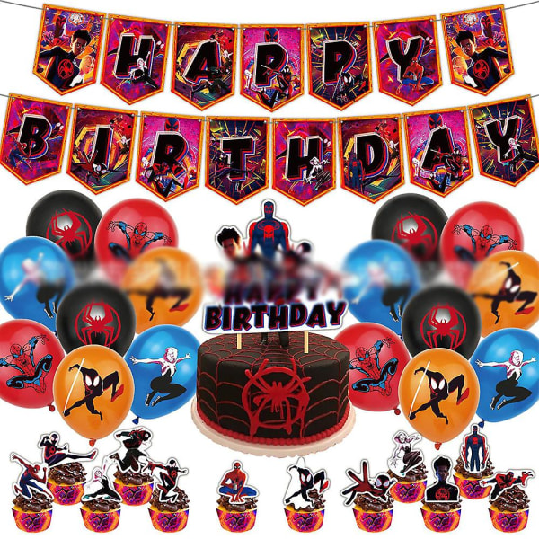 Spider-man: Across the Spider-vers fødselsdagsfestdekoration, filmfestartikler med tillykke med fødselsdagen banner, kage/cupcake topper, ballon