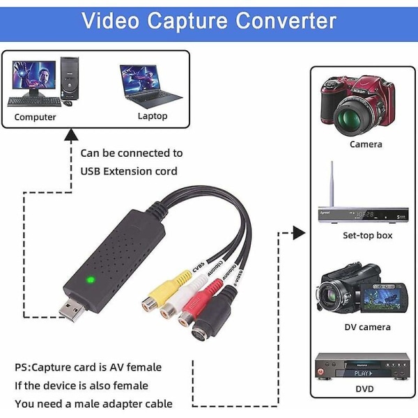 Tallentimen äänenkaappauslaatikko, videonsieppausmuunnin audio-video-USB 2.0, Vhs analogisesta digitaaliseen Windows 10/8/7/vhs/dvd/vcr/vista (hy)