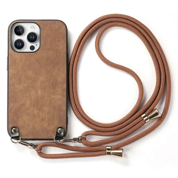 Retro læder telefonbagside til iPhone 16 Pro med justerbar rem Brown