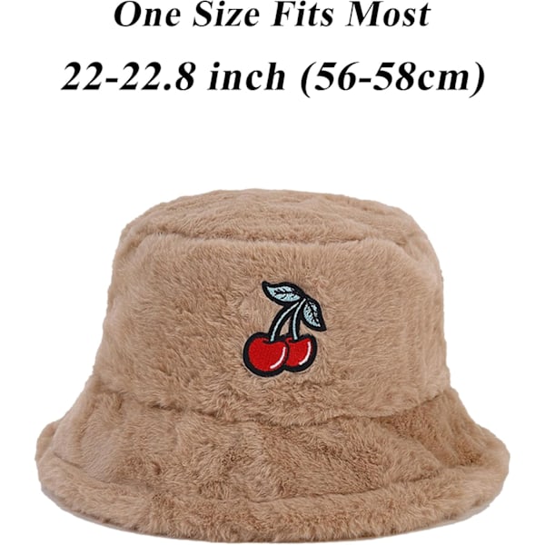 Fuzzy Bucket Hat til Kvinder og Mænd - Plysset, Sød Bucket Hat til Vinter - Varmt, Fluffy Fiskerhat - Sjove Sherpa Hatte Cherry-a-khaki