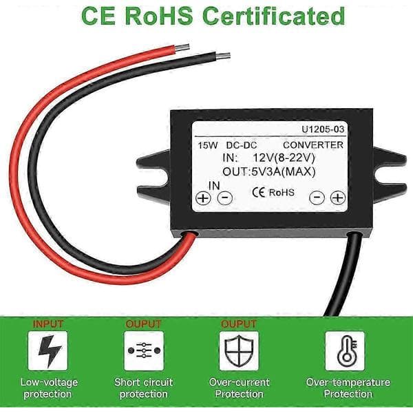 Vanntett 12V til 5V 3A DC-DC Step Down-omformer, USB C-strømforsyning for Raspberry Pi 4, mobiltelefoner og bilbruk
