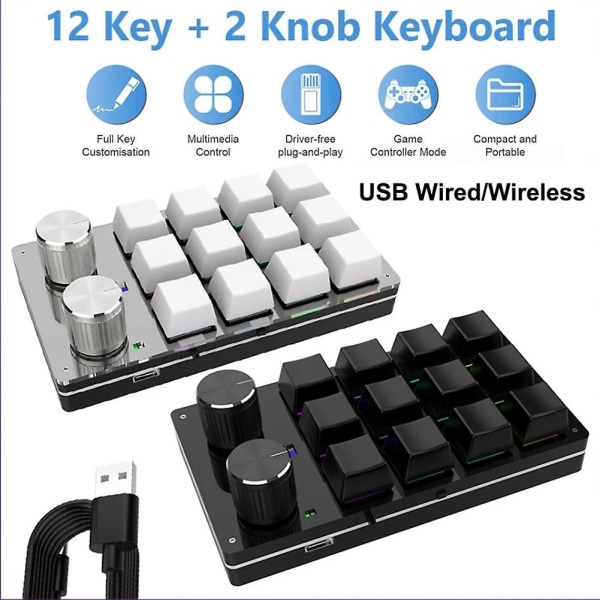 Kabel Usb Macro Mini Keyboard 12 taster 2 Knop Programmering Tastatur Hot-swap Tilpasning Gaming Meka Black