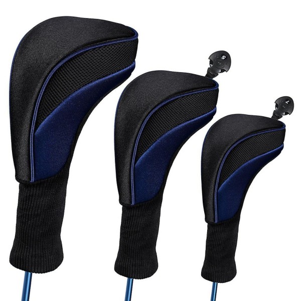 3 stk golfkøller, trekøller og utskiftbare 1/3/5 hette beskyttelsesermer, blå Blue