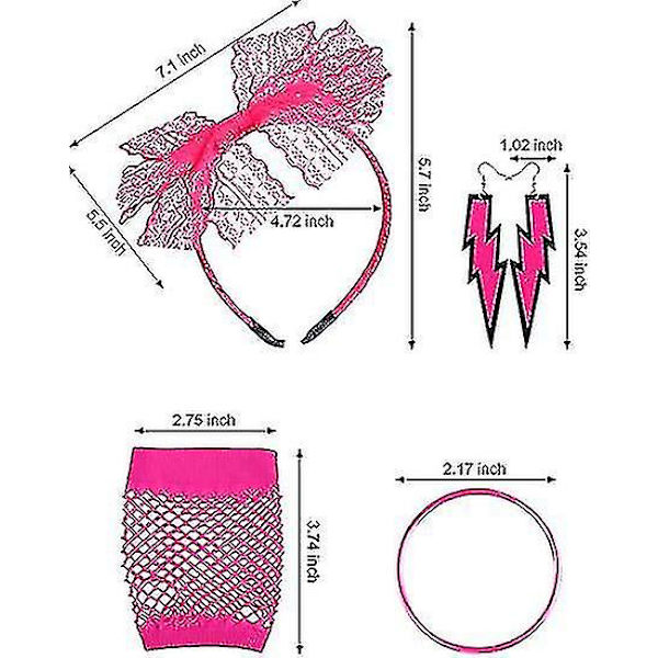 80-luvun pitsi otsapanta korvakorut verkkokäsineet kaulakoru rannekoru 80-luvun juhliin (ruusunpunainen)