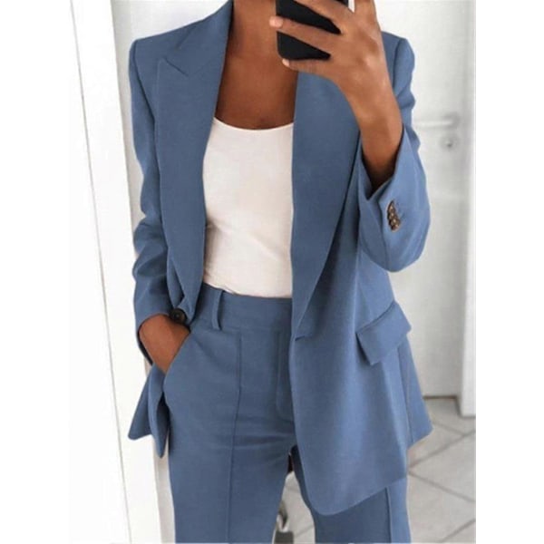 Dame 2-delt Outfit Blazer Sæt Elegant Business Arbejdstøj Vintage Klassisk Ensfarvet Rynket Ærme Åben Front Jakke Og Straight Leg Penci M Blue
