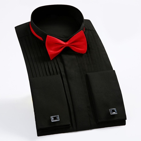 Bröllopssmokingskjorta Vingespetskrage med fluga Plisserad skjorta Manschettknappar Långärmad Vanlig topp för män Black 42