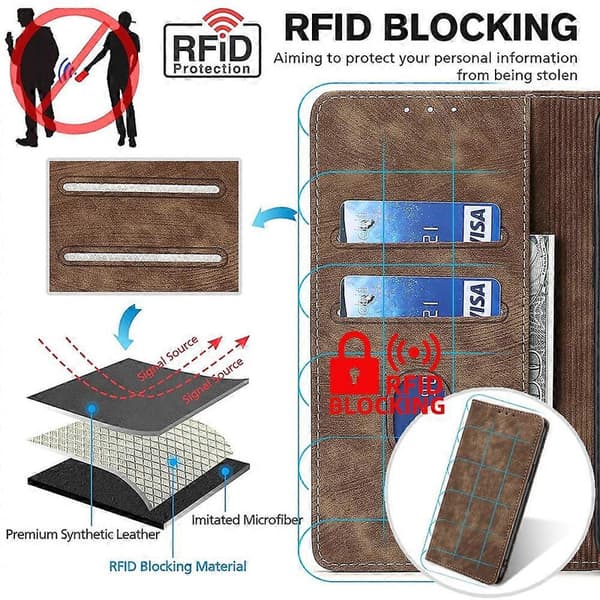 RFID-stöldskyddande magnetiskt läderfodral för iPhone 14 Plus Brown