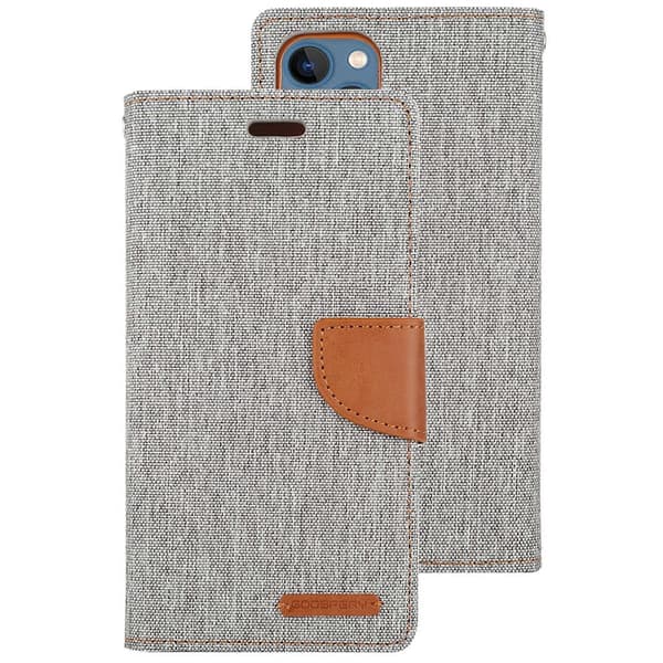 För iPhone 14 Plus GOOSPERY CANVAS DIARY Canvas Textur Flip Läder Telefonfodral Grey