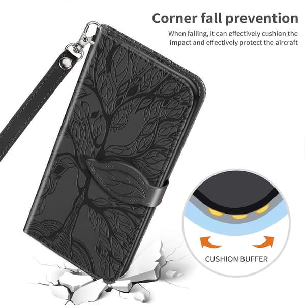 För iPhone 14 Plus Livets Träd Präglat Läder Telefonfodral Black