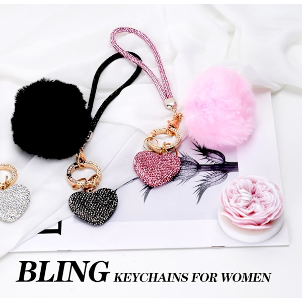 Søte Hjerte Nøkkelringer for Kvinner, Bling Nøkkelring Tilbehør Jentelig Håndleddsnøkkelring for Bilnøkler, Ryggsekk Pom Pom