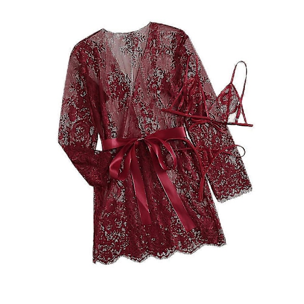 Naisten läpikuultava pitsi Kimono -aamutakki yöpaita mekko yöasu kääremekko Plus-koko Maroon 3XL