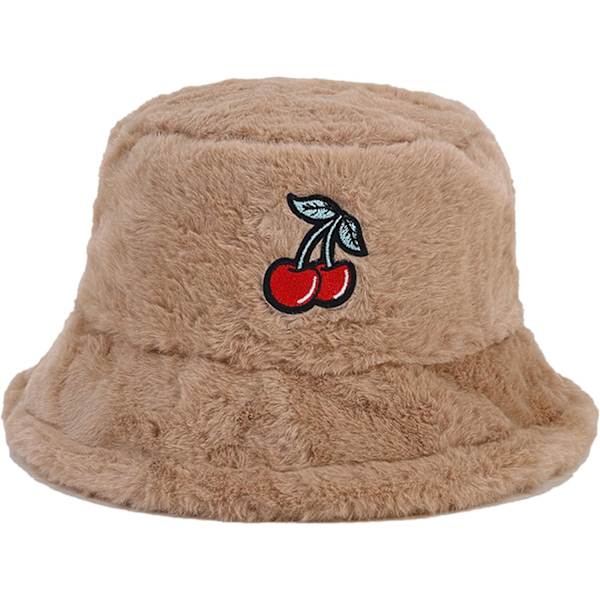 Fuzzy Bucket Hat för Kvinnor och Män - Luddig, Söt Bucket Hat för Vinter, Varm Plysch, Fiskehatt, Fluffig Sherpa, Rolig Hatt Cherry-a-khaki