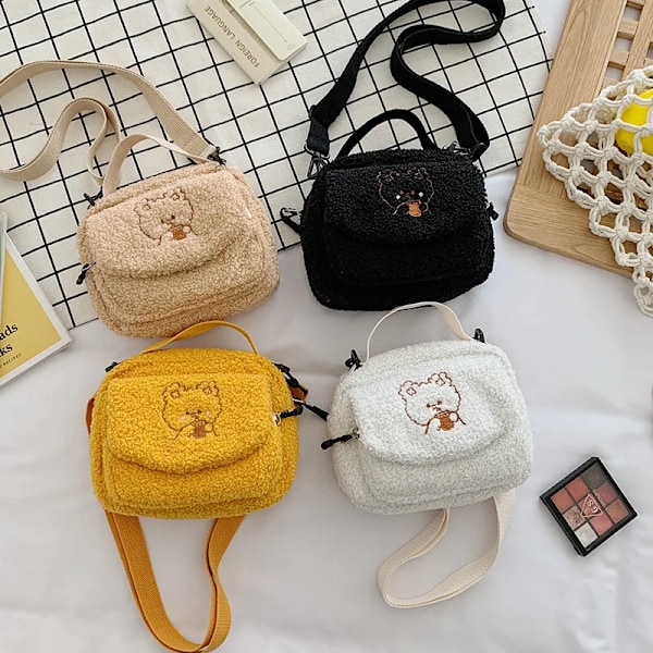 Naisten Mini Plyysinen Olkalaukku Naiselle Pieni Canvas Ristiriimu Laukut Naisten Kirjonta Vetoketju Kangas Käsilaukku Matkapuhelin Laukku Tote White